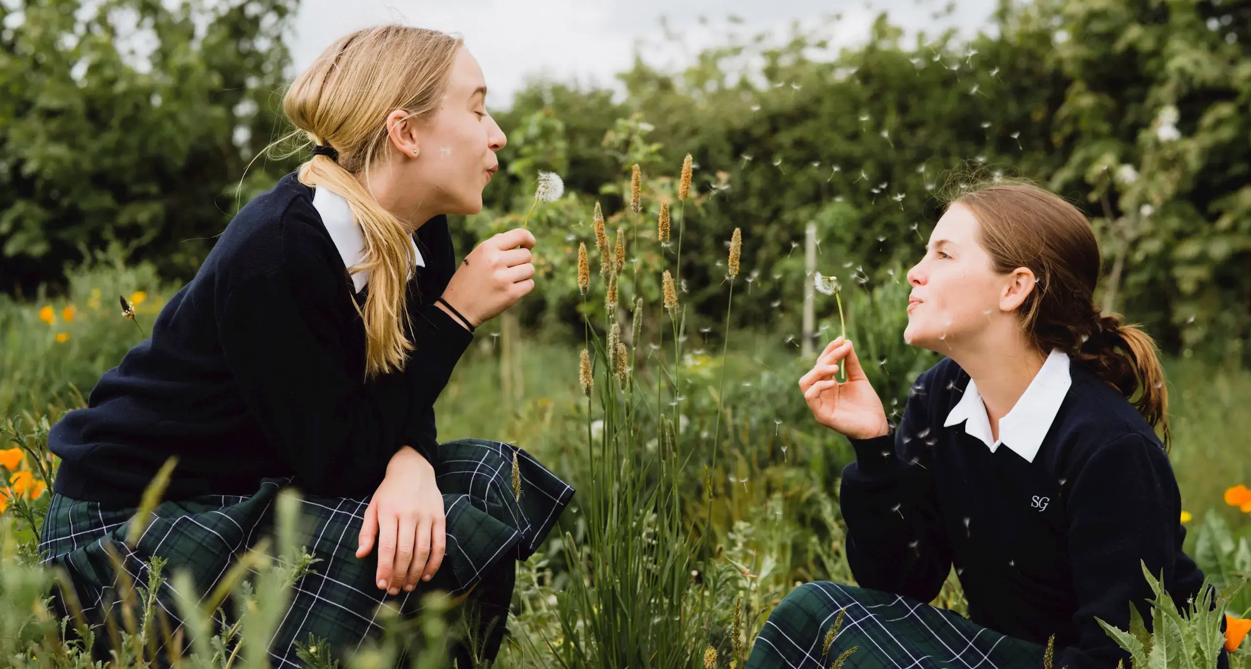 Students in Field Blowing Dandelions