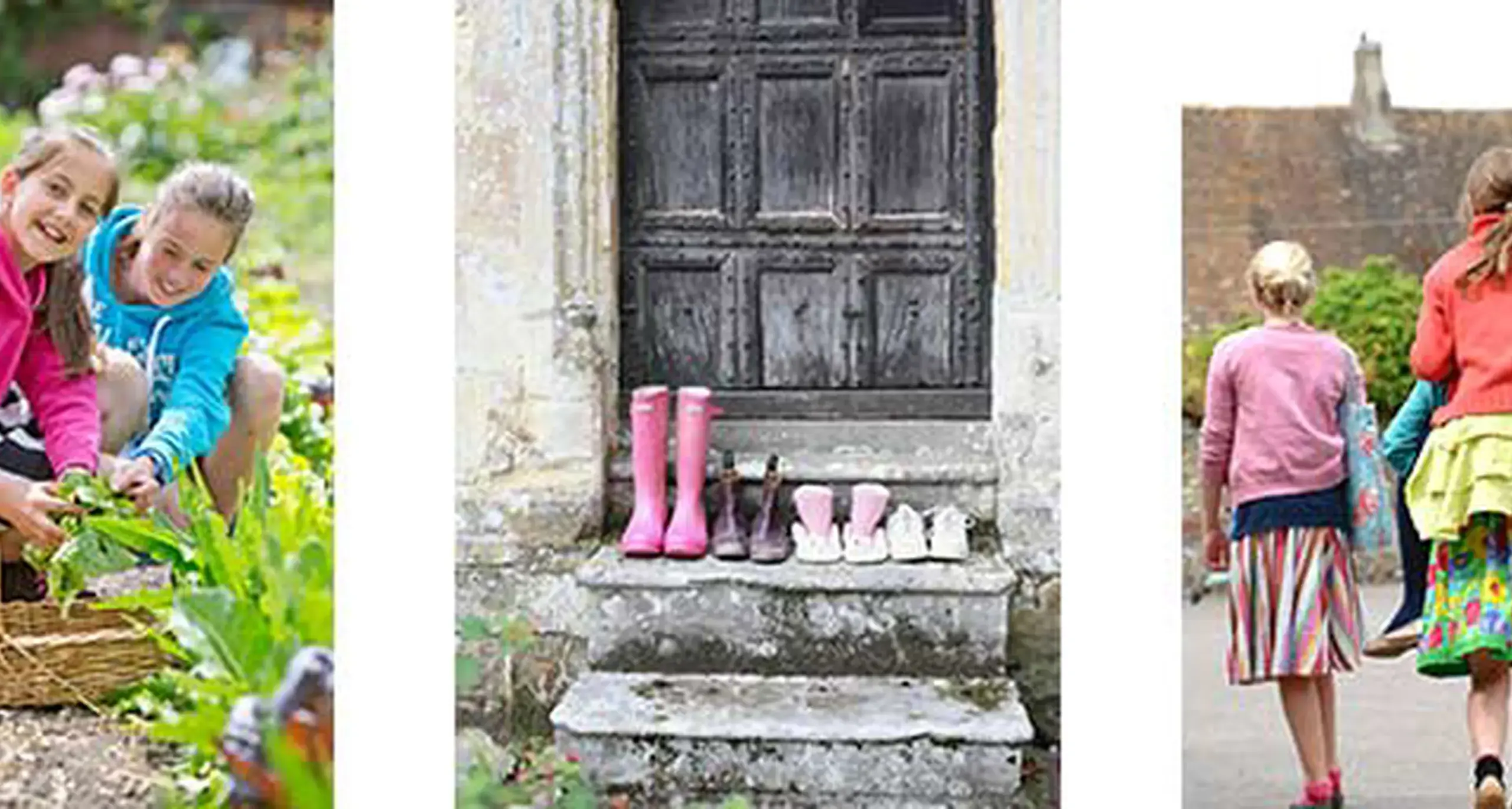Collage of Imahes showing girls wellies, girls gardening and girls riding the hanford ponies