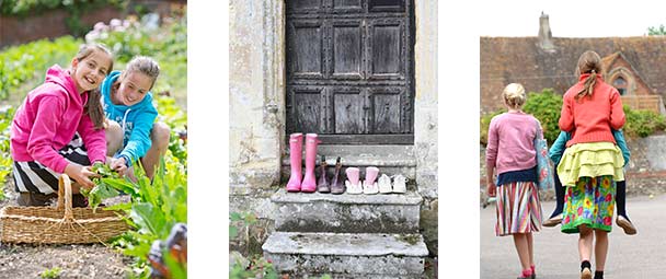 Collage of studentsv gardening, riding horses, and their wellies lined up